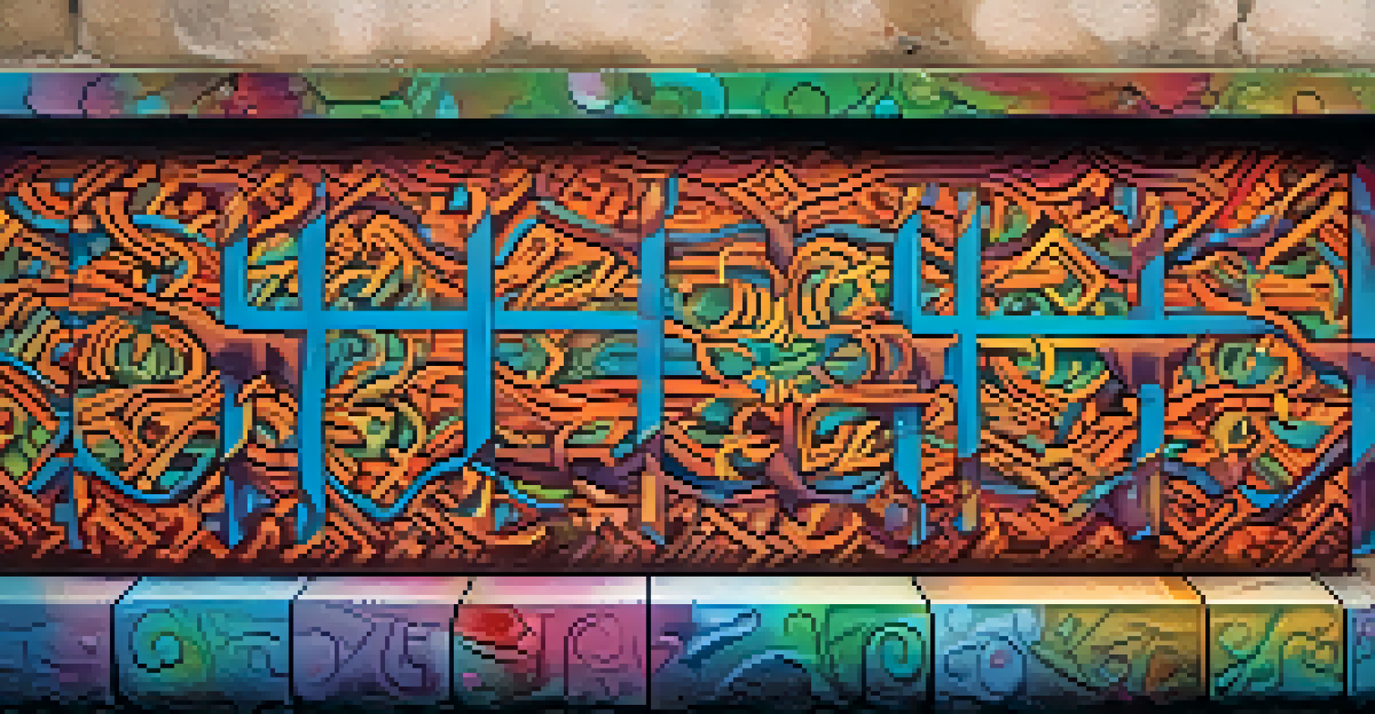 A close-up view of an intricate street art piece on a weathered wall, featuring vibrant colors and detailed designs that blend nature and urban elements.