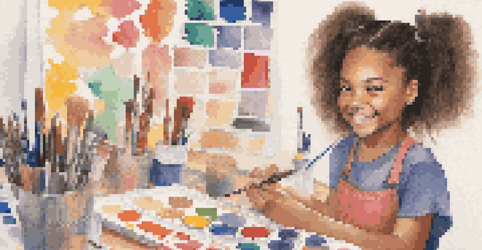 A young girl happily painting a self-portrait with various art supplies around her, in front of a bulletin board displaying diverse student artwork.