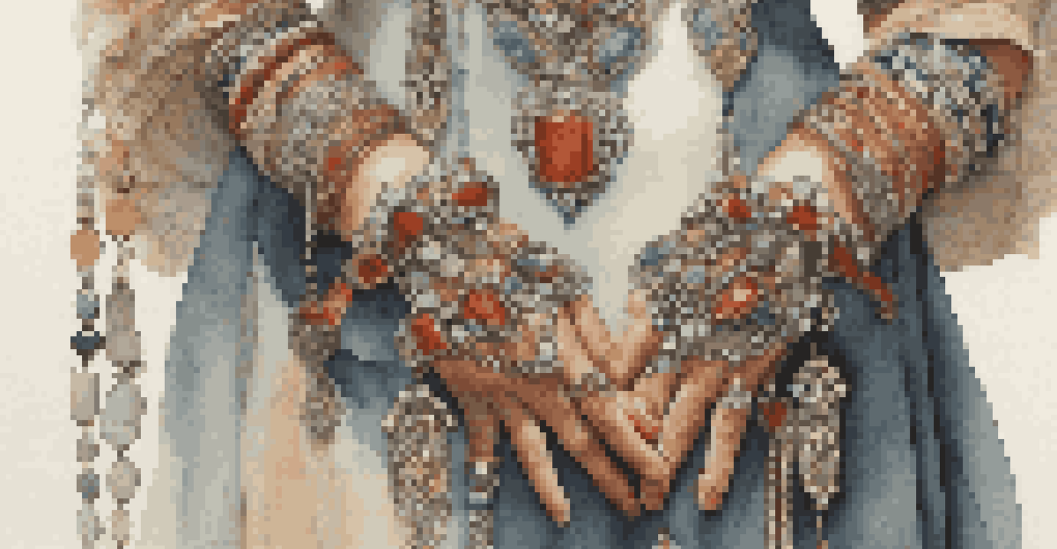 A close-up of a performer’s hands with recycled jewelry wearing a traditional garment, illuminated by soft natural light.