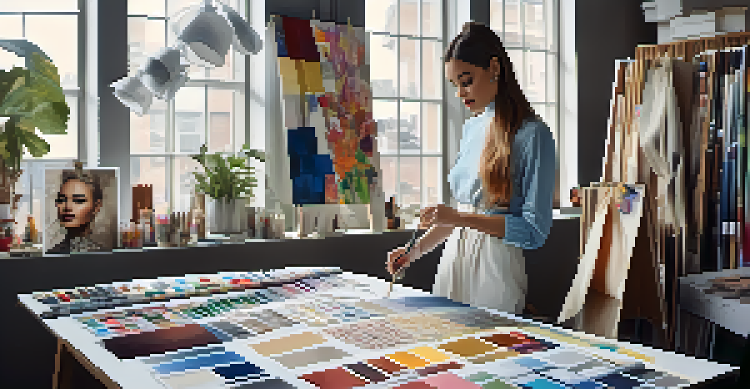 A fashion designer in a studio, surrounded by colorful sketches and fabric swatches, working on culturally inspired designs.