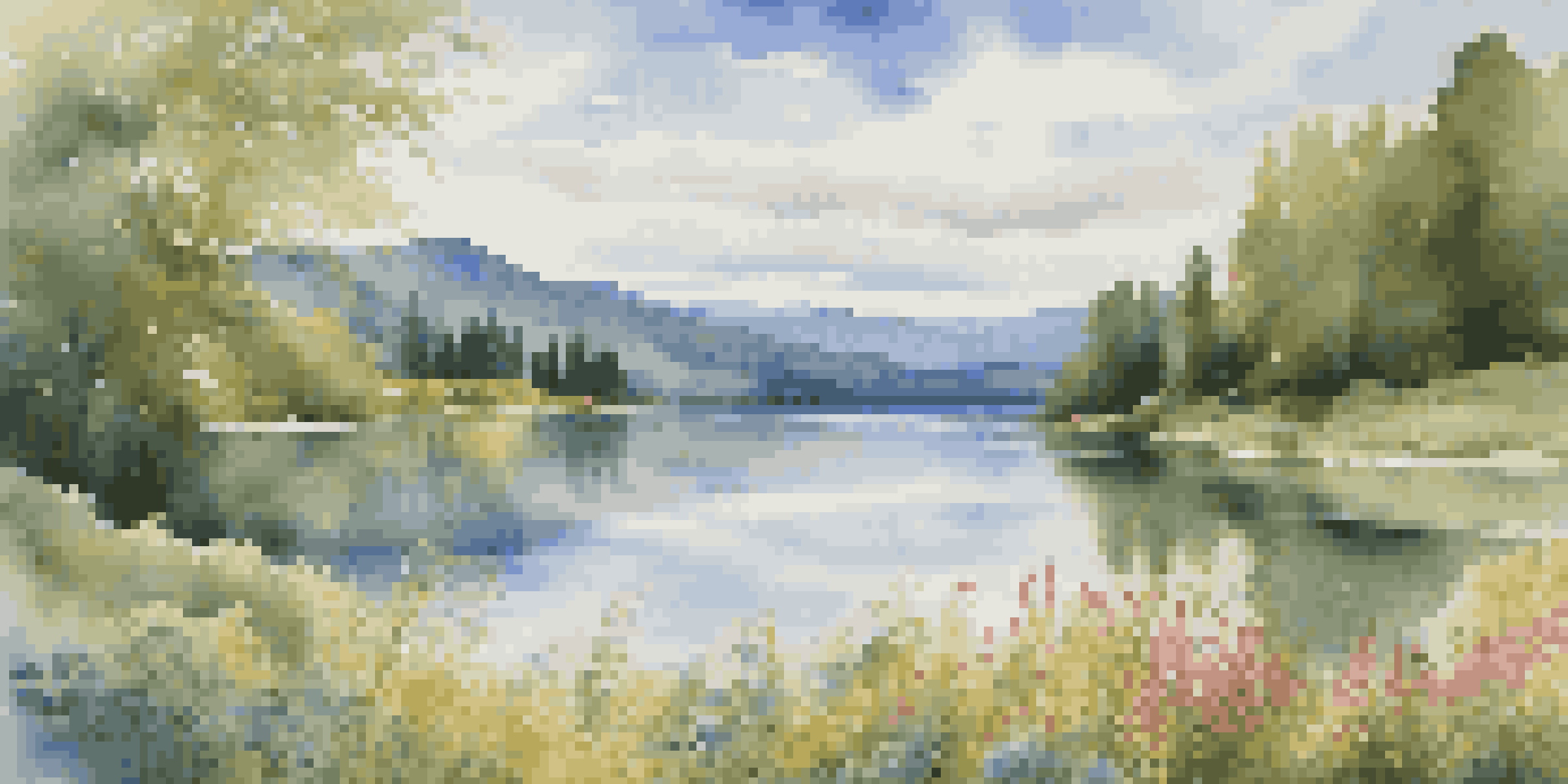 A peaceful lake scene with green mountains, wildflowers, and a clear blue sky.