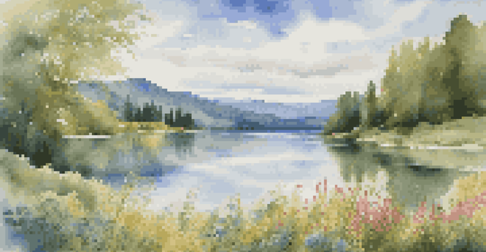 A peaceful lake scene with green mountains, wildflowers, and a clear blue sky.