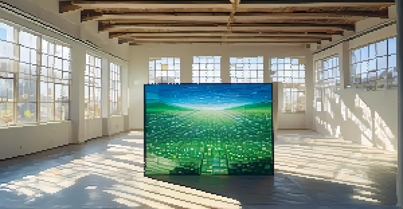An installation of repurposed materials in a bright space, with natural light highlighting the textures and shapes.
