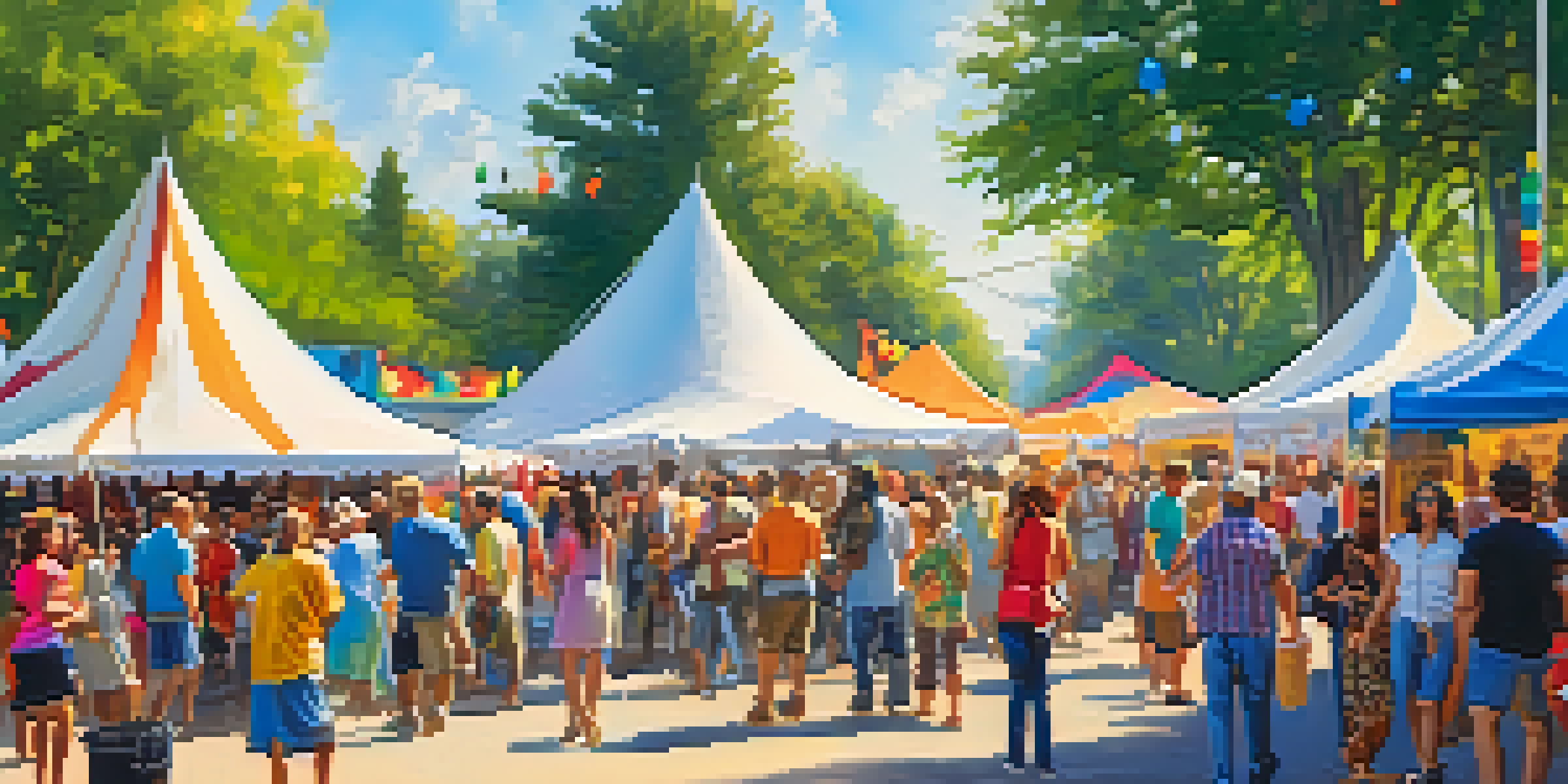 A lively art festival with diverse attendees enjoying art displays, performers dancing, and musicians playing, under bright sunlight.