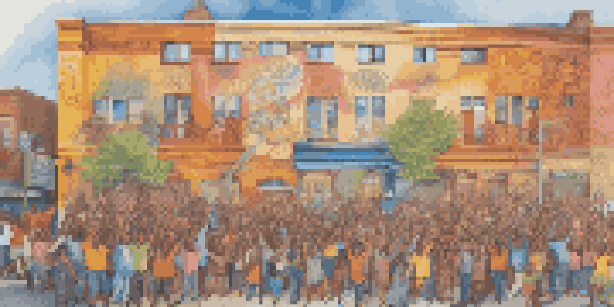 A colorful mural showcasing diverse people participating in art, symbolizing unity and resilience, against an urban backdrop with sunlight casting shadows.