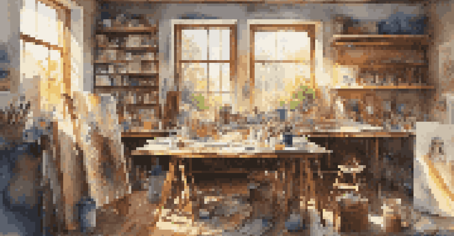 A warm art studio with sunlight, showcasing art supplies, unfinished canvases, and framed artworks on the walls.