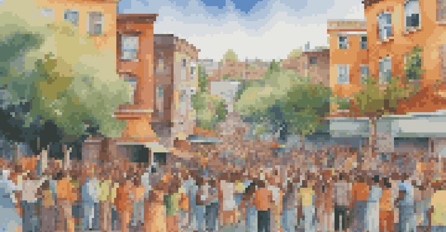A vibrant mural illustrating a historical event, surrounded by people admiring the artwork in an urban setting.