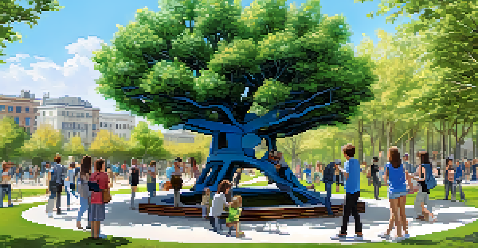 An interactive sculpture resembling a tree made of recycled materials, with people enjoying it in a park filled with flowers and under a sunny sky.