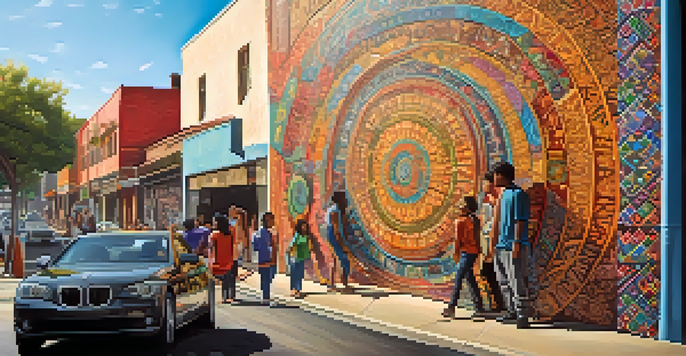 A colorful street art mural showcasing diverse individuals participating in cultural activities with intricate patterns and symbols.