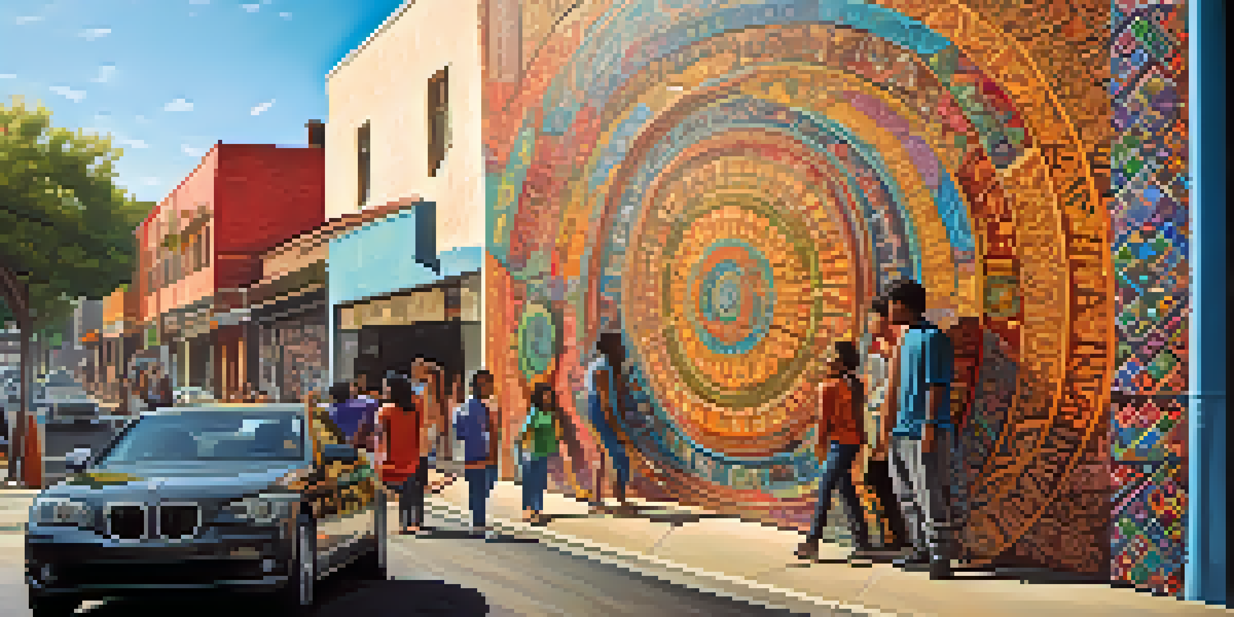 A colorful street art mural showcasing diverse individuals participating in cultural activities with intricate patterns and symbols.