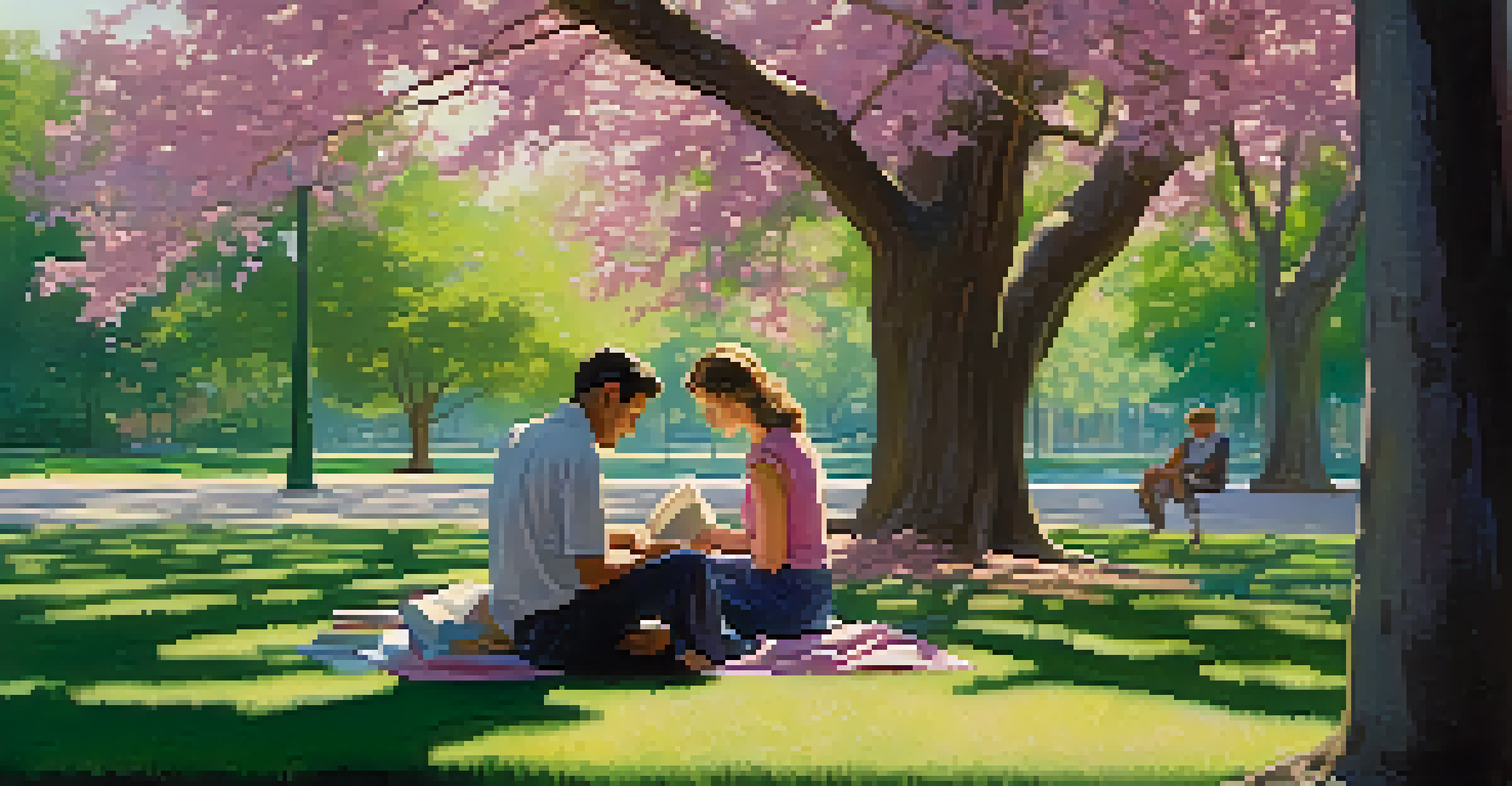 A man caring for a child in a park while a woman reads nearby, surrounded by green trees and blooming flowers.