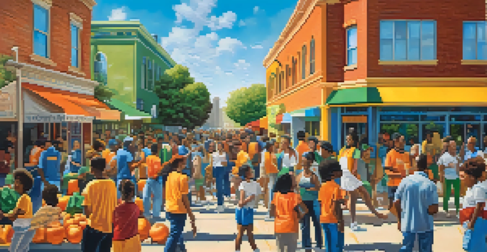 A colorful mural showing diverse people participating in civic activities like voting and volunteering, set against a bright blue sky.
