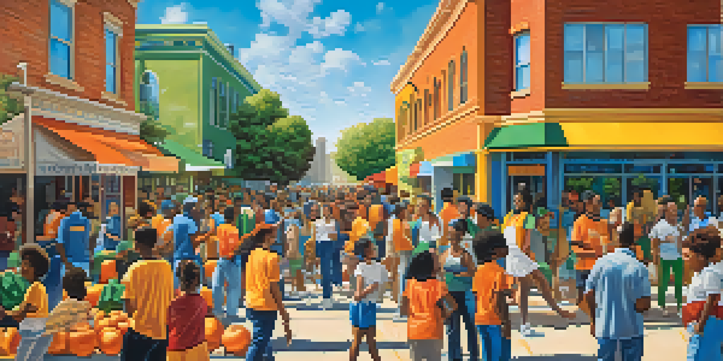 A colorful mural showing diverse people participating in civic activities like voting and volunteering, set against a bright blue sky.
