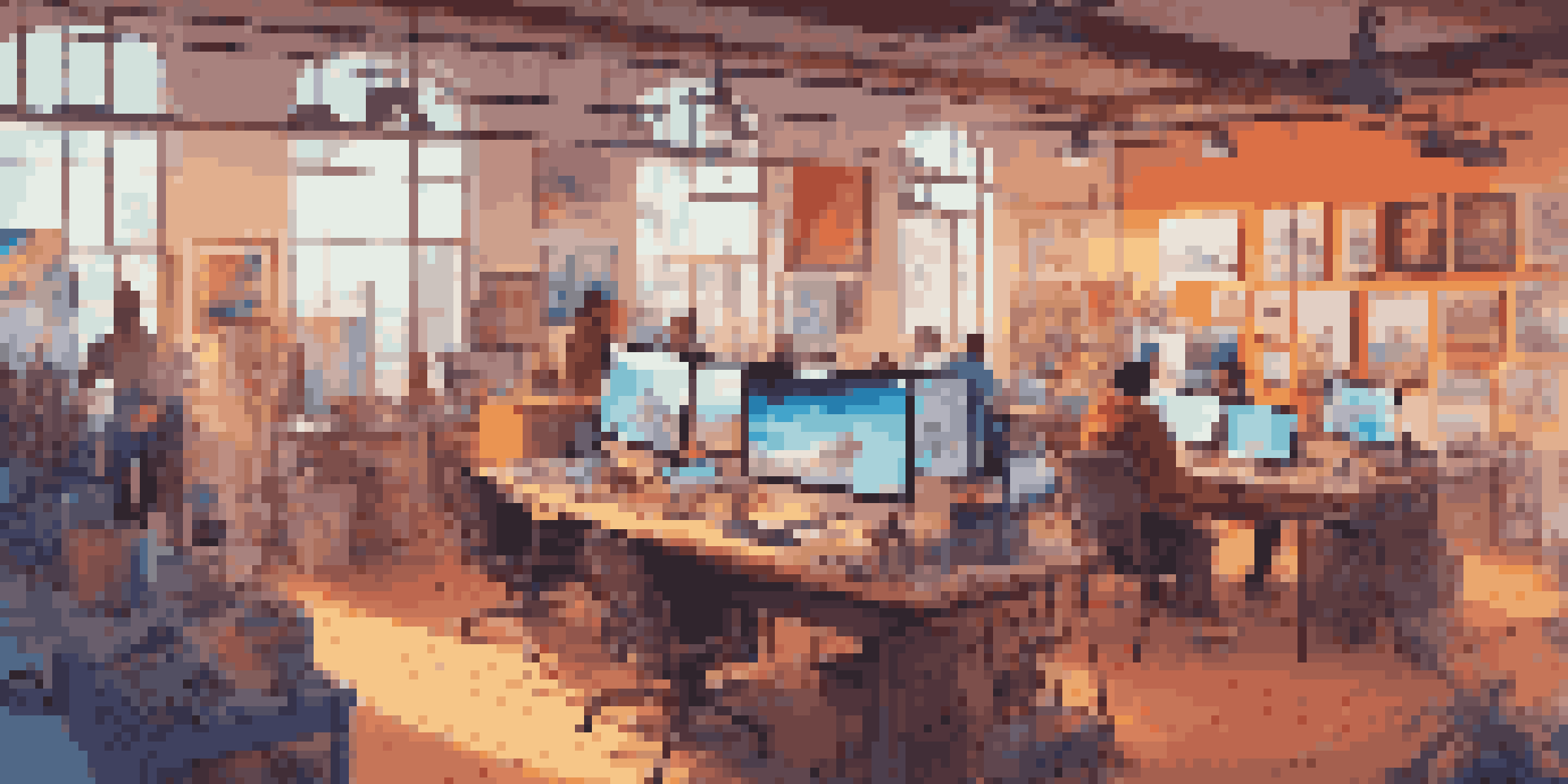 A lively digital art studio with diverse artists collaborating on creative projects, surrounded by colorful artworks and digital screens.