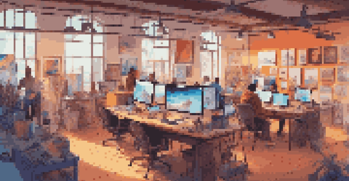 A lively digital art studio with diverse artists collaborating on creative projects, surrounded by colorful artworks and digital screens.