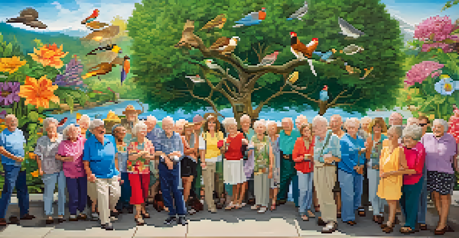 A group of seniors joyfully creating a large mural together, depicting vibrant nature scenes and showcasing community spirit.