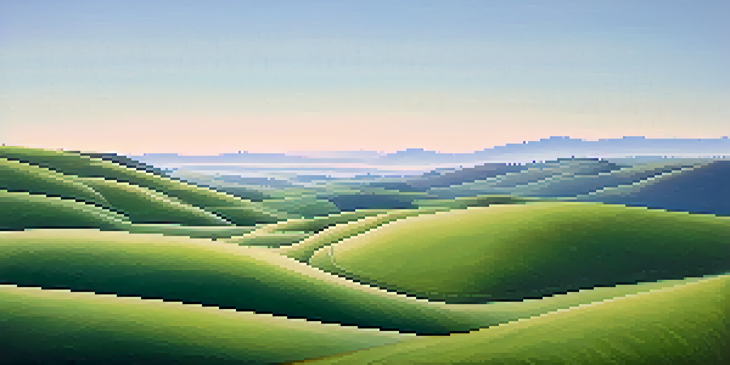 A tranquil landscape with gentle blue and green colors, showcasing rolling hills under a clear sky, promoting a sense of peace.