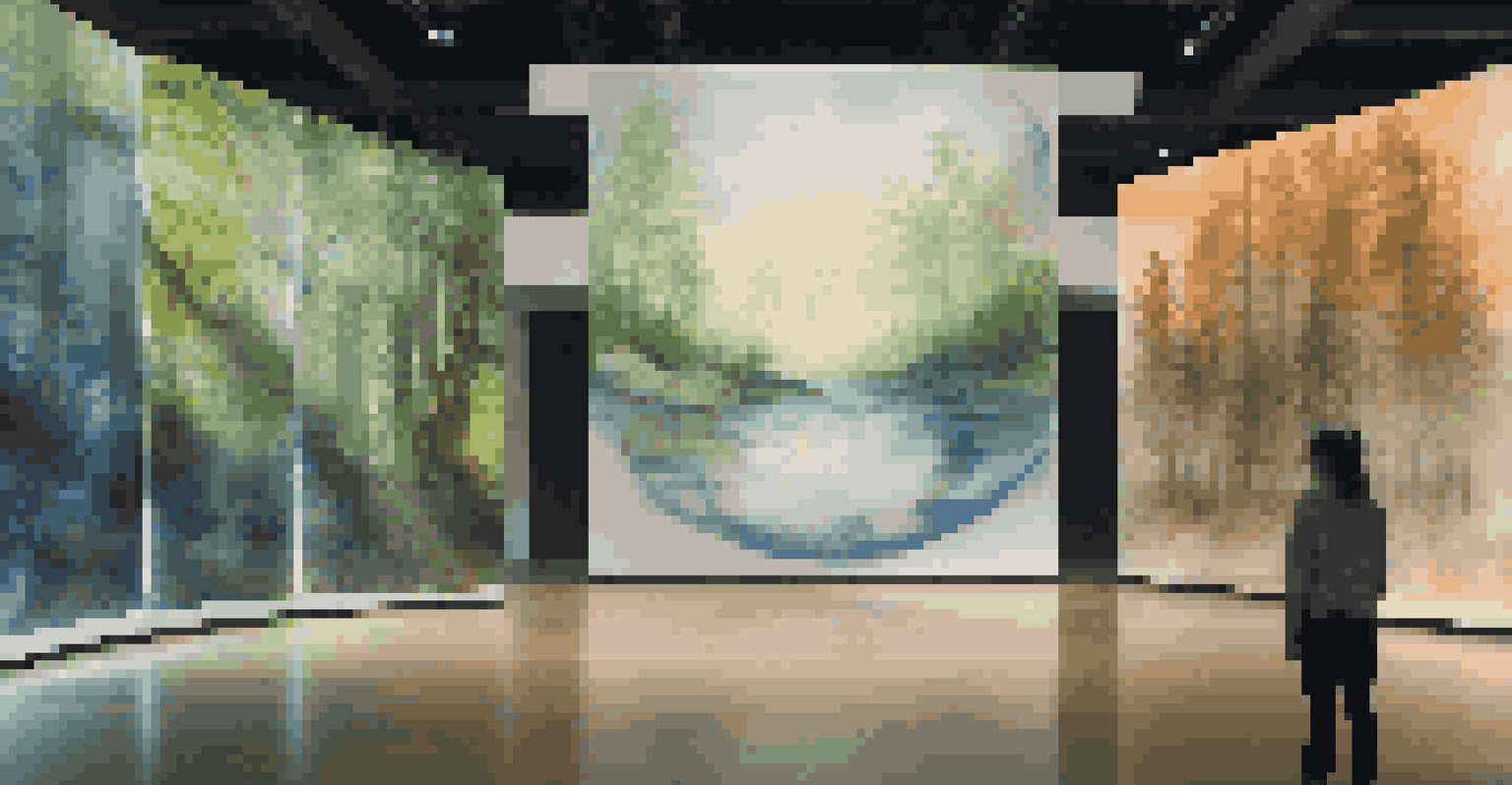 An art installation with digital screens displaying nature imagery and meditative quotes, set in a dimly lit space.