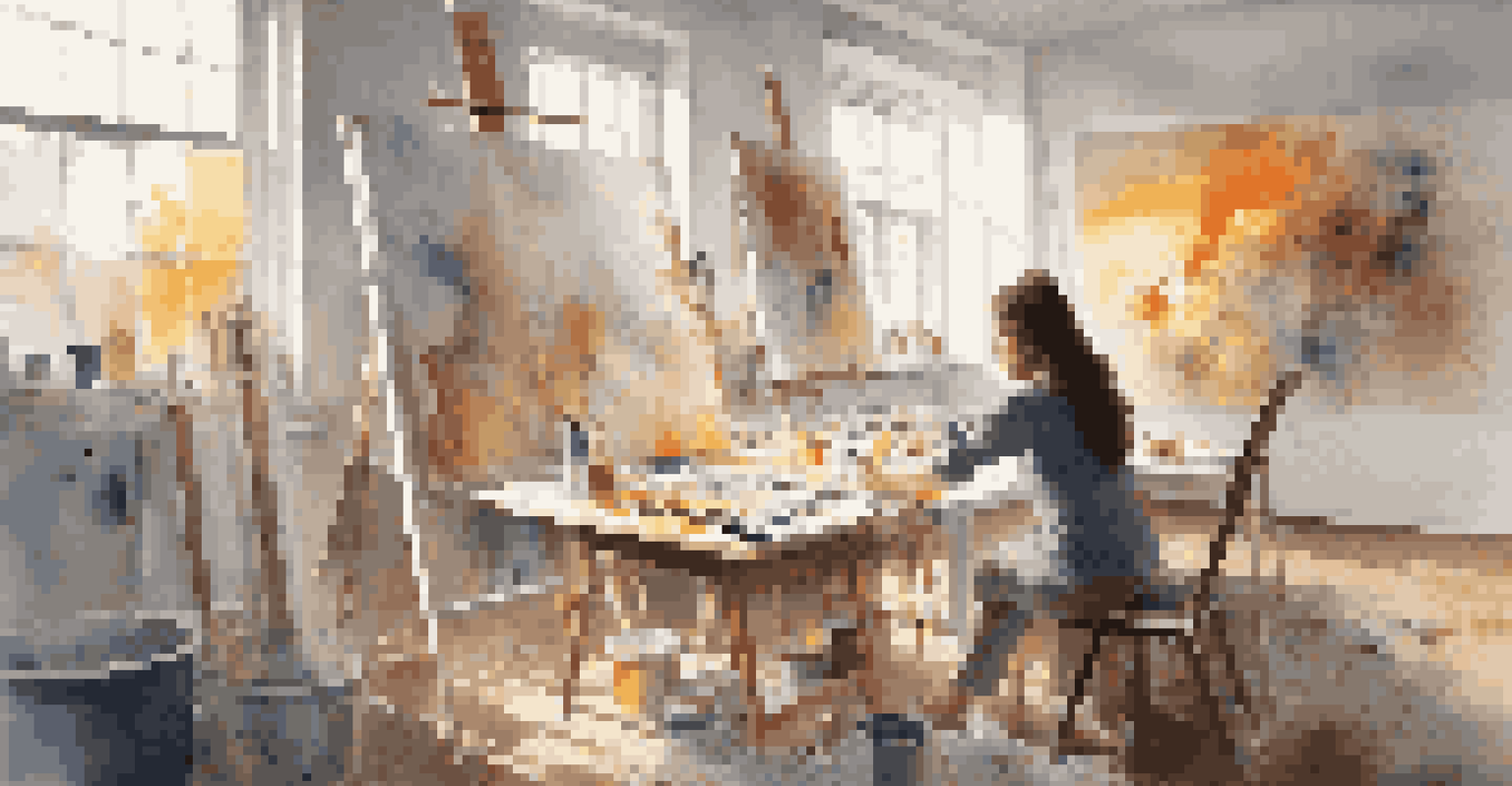 An artist painting in a colorful studio filled with art supplies and canvases.