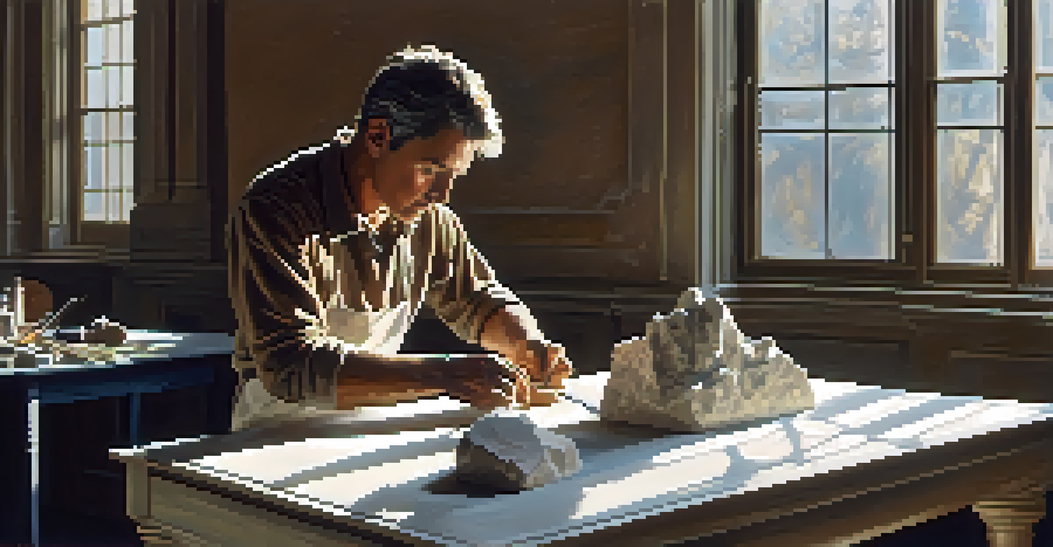An artist chiseling a marble statue in a sunlit studio, showcasing the delicate process of sculpture making.