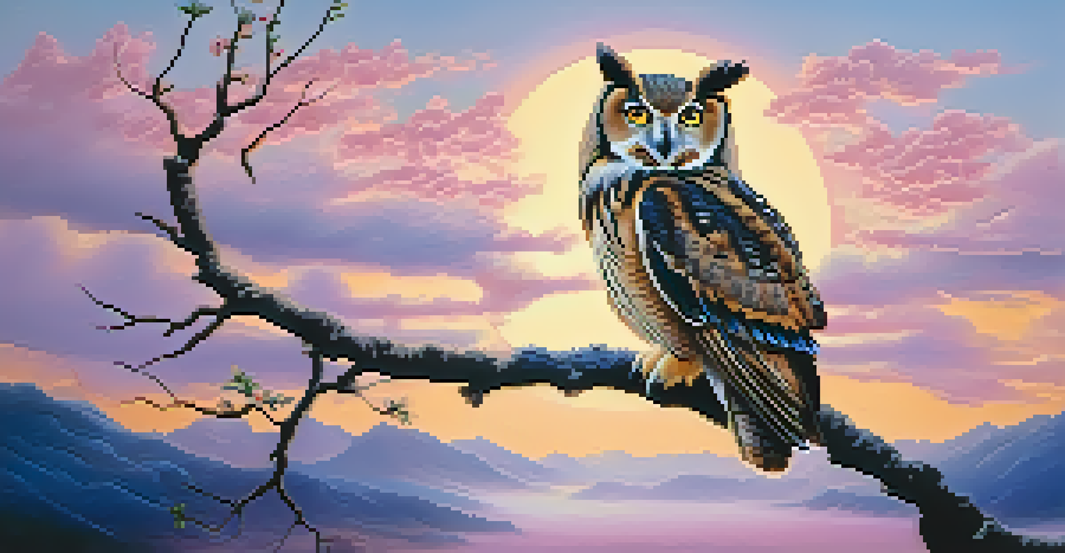 A detailed painting of an owl sitting on a branch at twilight, with a blue sky and pink clouds, symbolizing wisdom.