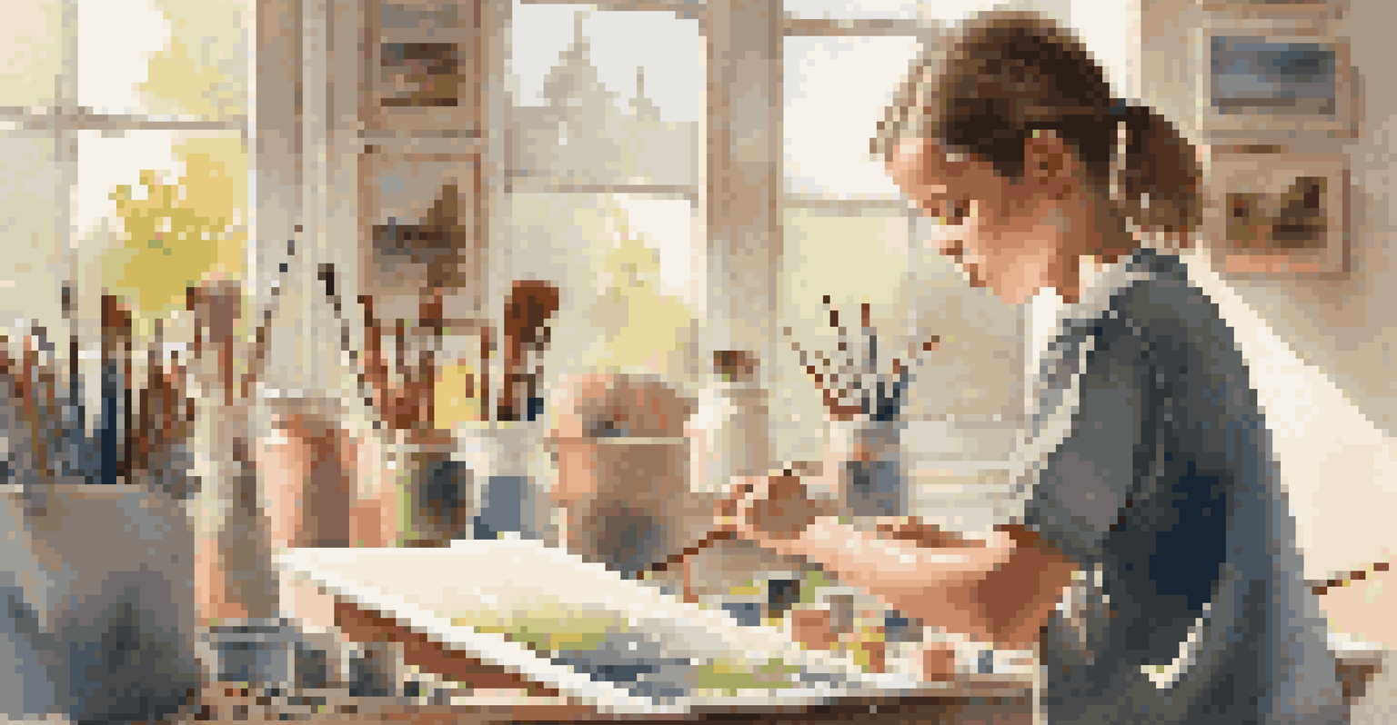 A young artist concentrating on painting a landscape in a cozy art studio, with morning light illuminating the scene.