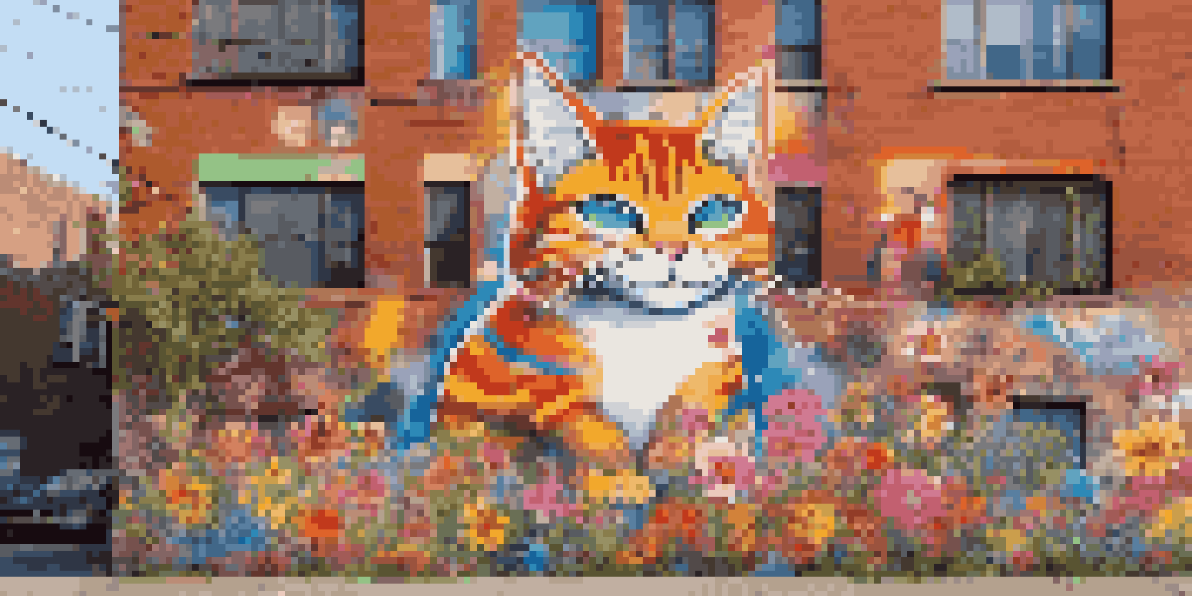 A colorful street mural of a laughing cat with flowers and cartoon characters in an urban setting.