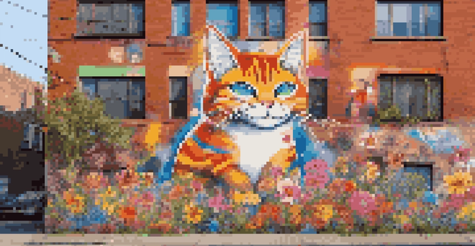A colorful street mural of a laughing cat with flowers and cartoon characters in an urban setting.