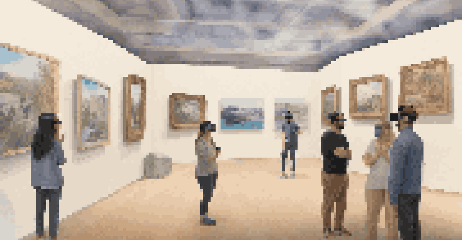 Visitors in a virtual reality gallery experiencing immersive digital landscapes and cultural artifacts.
