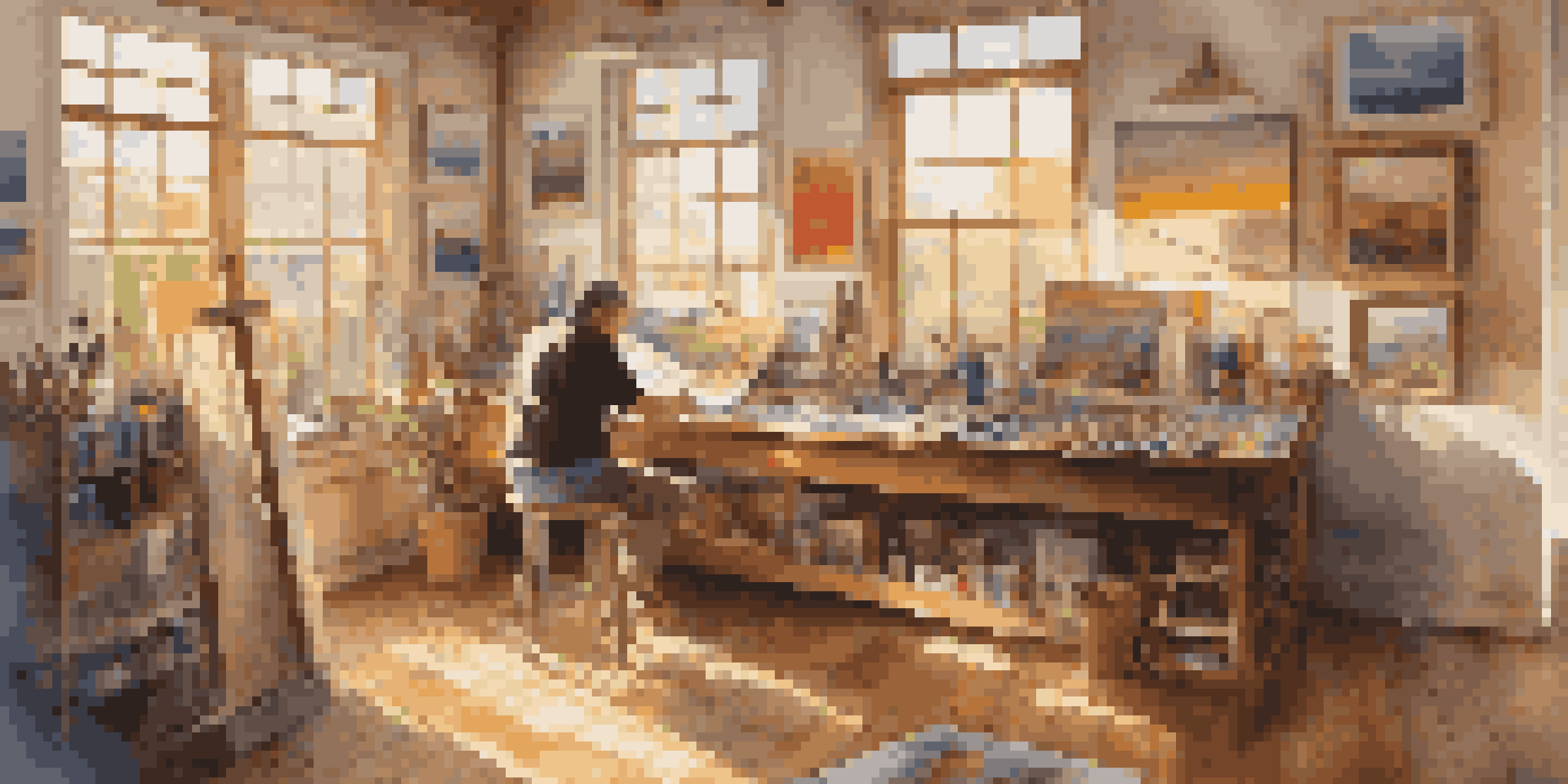 An artist painting in a bright studio, surrounded by art supplies and colorful paintings on the walls.