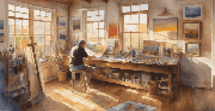 An artist painting in a bright studio, surrounded by art supplies and colorful paintings on the walls.