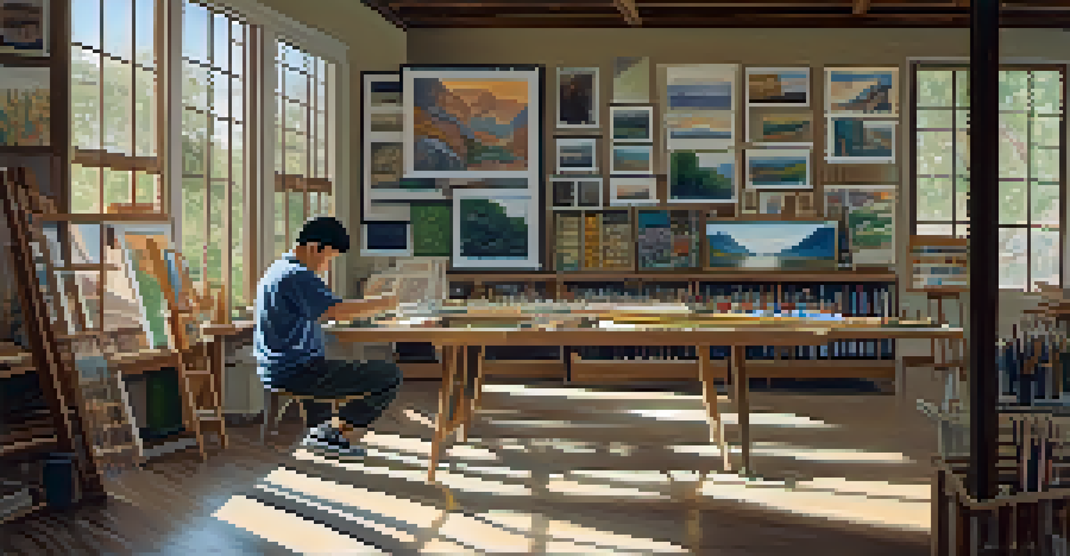 A serene art studio featuring an Asian artist painting a large canvas that explores themes of identity, with natural light illuminating the space.