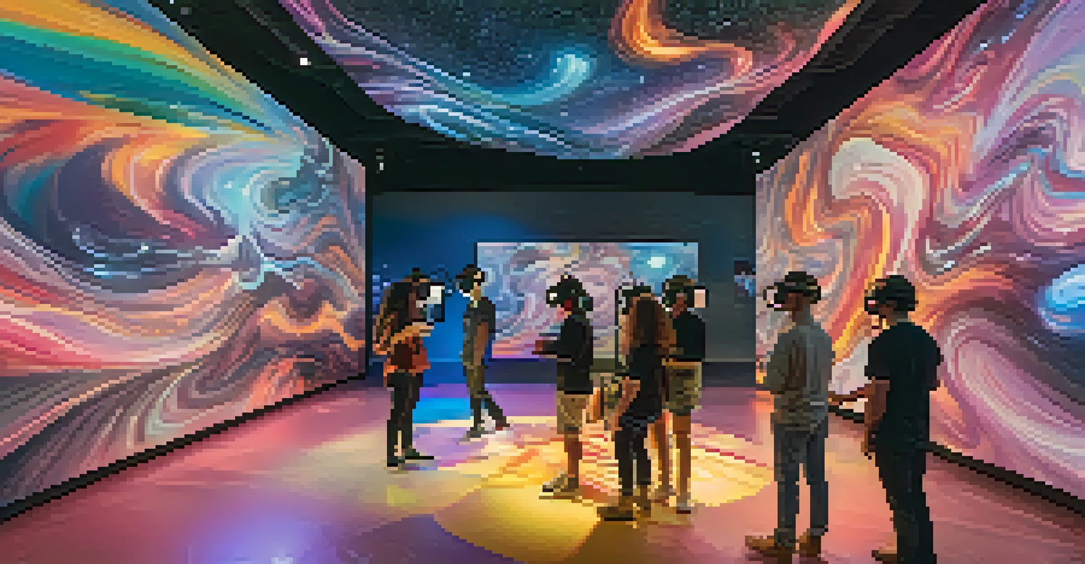 Visitors in a virtual reality exhibit surrounded by colorful abstract visuals and adaptive sounds, creating an immersive experience.