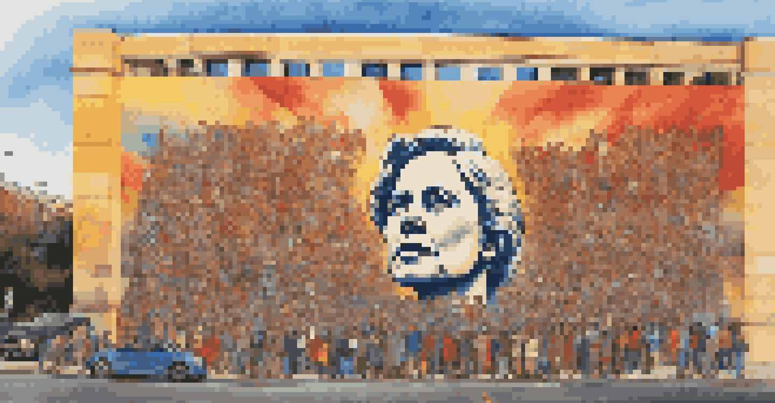 A striking mural on a government building addressing social justice, with onlookers engaging in the golden hour light.