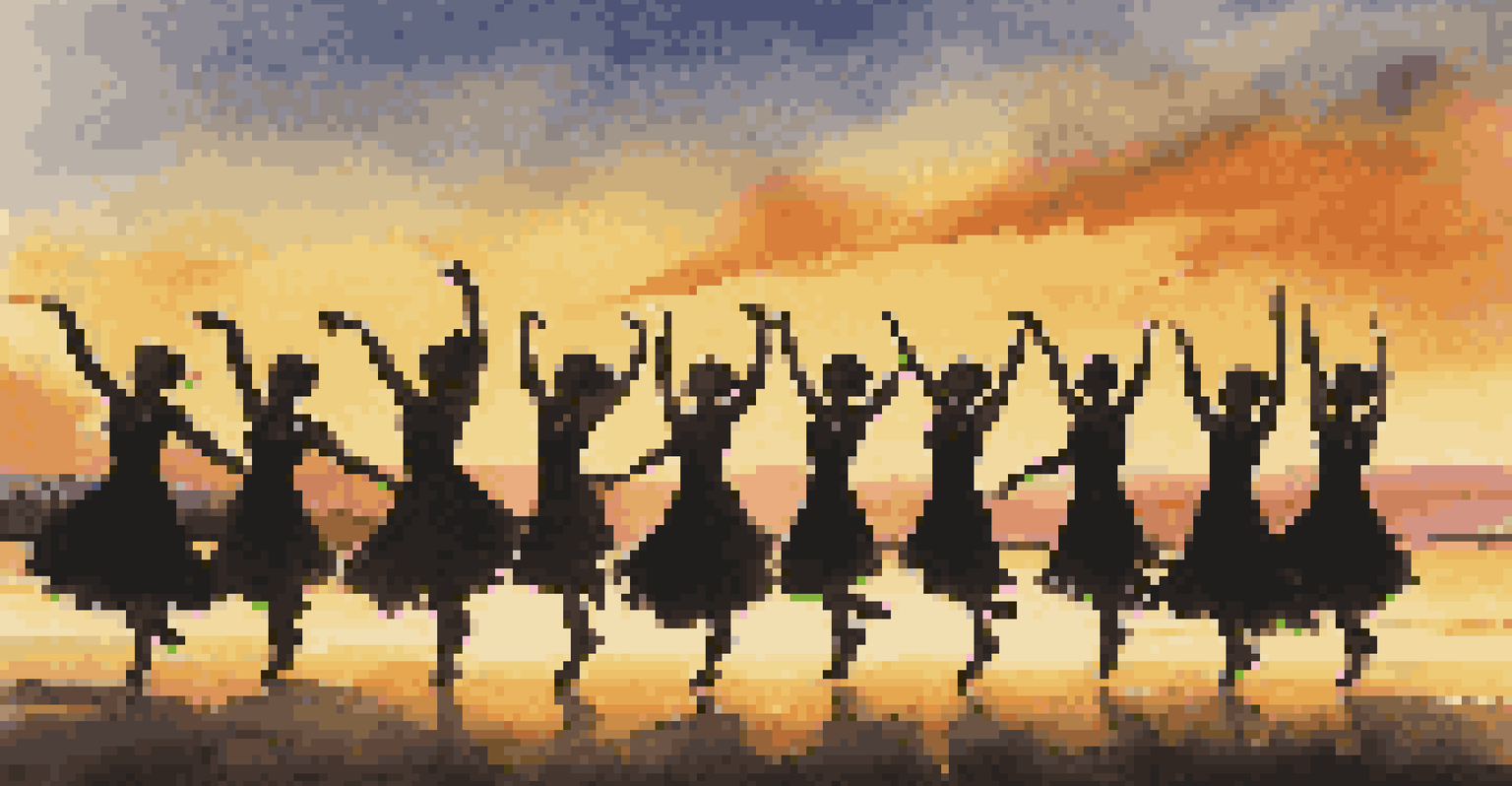 Dancers performing outdoors at sunset, with a diverse audience watching, capturing a moment of grace and beauty.