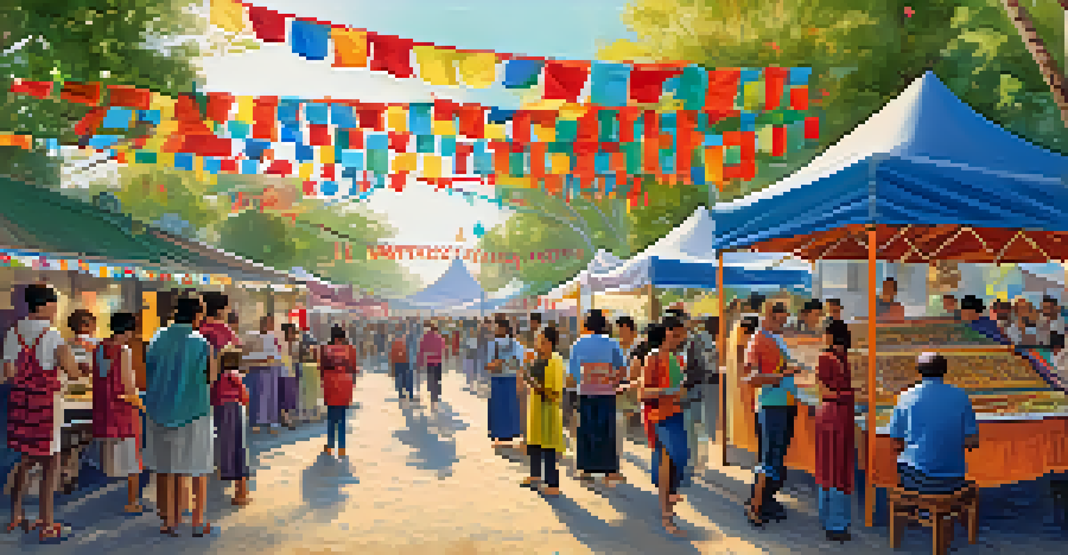 A vibrant cultural festival with people enjoying art and music, surrounded by colorful stalls and a joyful atmosphere.