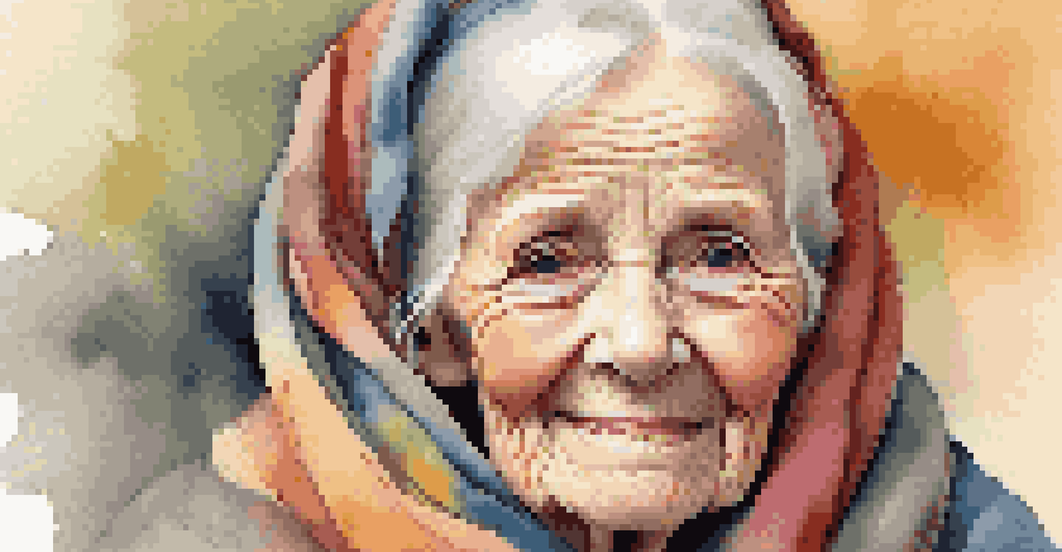 A close-up portrait of an elderly woman with deep wrinkles and a smile, illuminated by soft natural light.