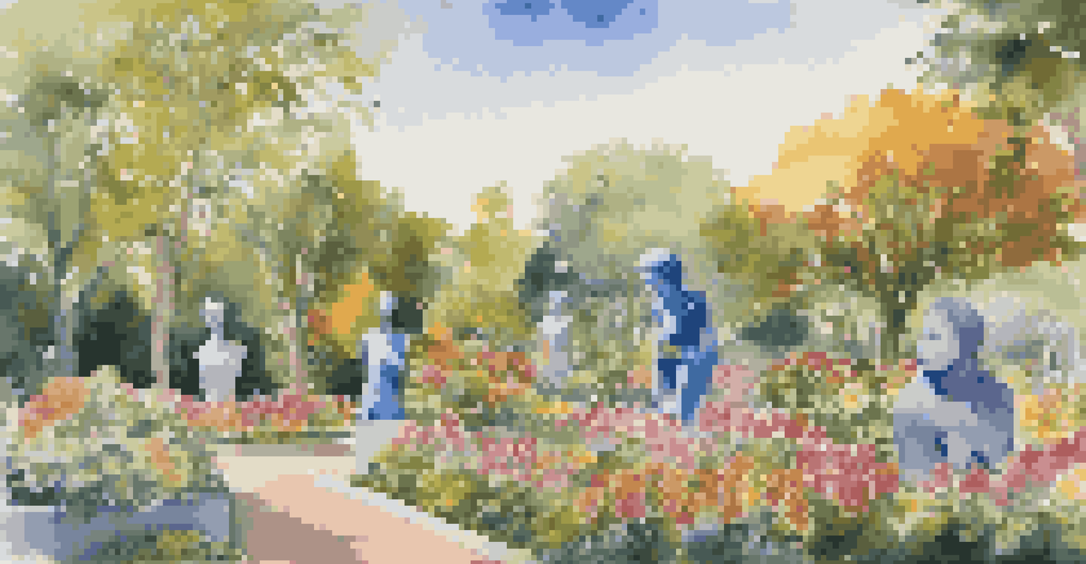 An outdoor art installation with bold sculptures celebrating women's identities, surrounded by a colorful garden.