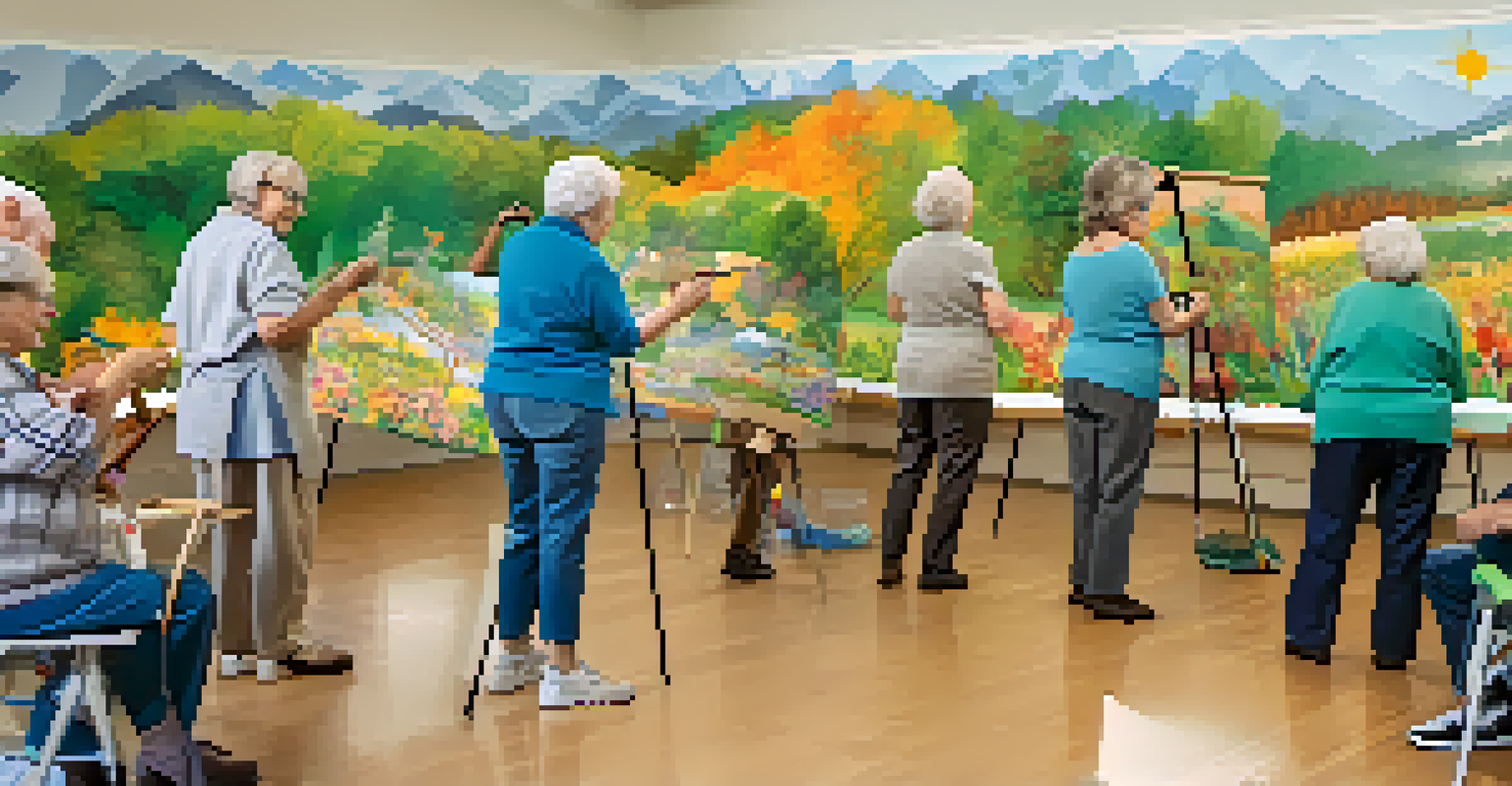 A group of diverse seniors actively collaborating on a colorful mural in a community art class.