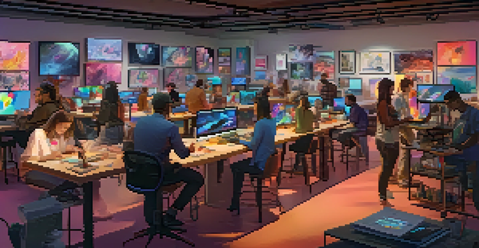 A bustling digital art studio with diverse artists collaborating on projects, surrounded by colorful sketches and digital screens.