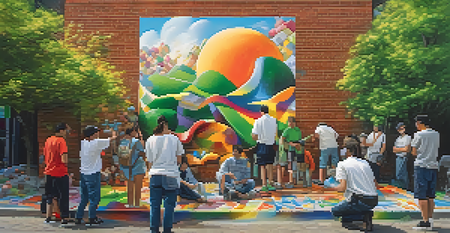 A street artist painting a mural on a brick wall, surrounded by trees and onlookers admiring the artwork.