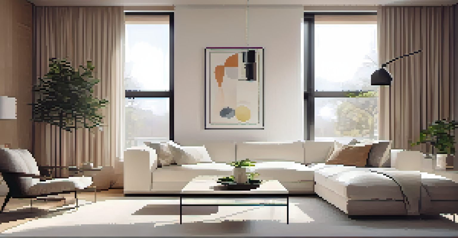 A modern minimalist living room with a white sofa, geometric coffee table, and large windows allowing natural light.