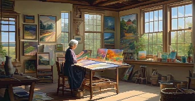 An elderly woman painting a vibrant landscape in a sunlit art studio, surrounded by colorful artwork and art supplies.