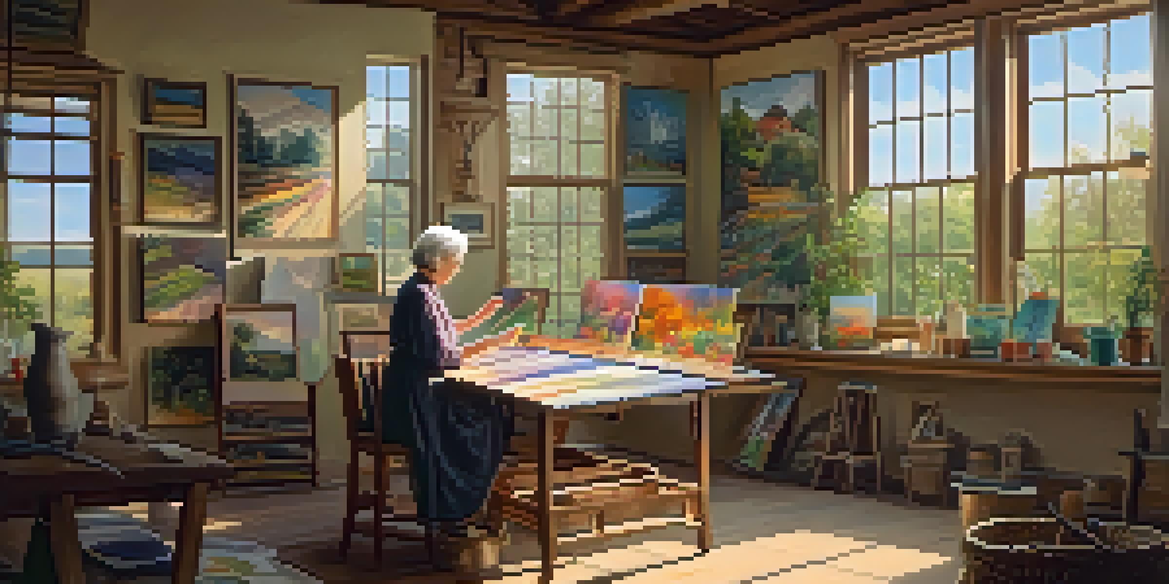 An elderly woman painting a vibrant landscape in a sunlit art studio, surrounded by colorful artwork and art supplies.