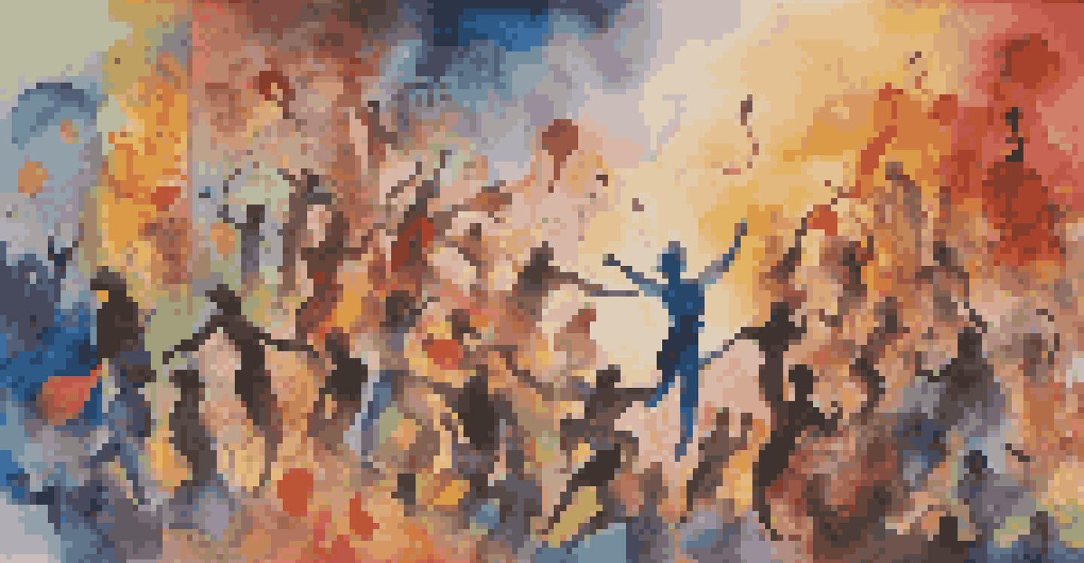 An abstract collage representing memory, with vibrant colors and silhouettes of a performer and audience, symbolizing the connection between art and memory.