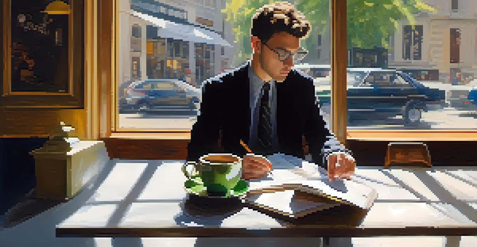 An art critic taking notes at a café, with an abstract painting in the background and art magazines on the table.