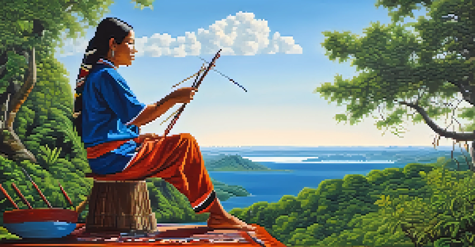 An Indigenous artist painting outside, surrounded by greenery, focusing on a canvas that reflects their cultural heritage.