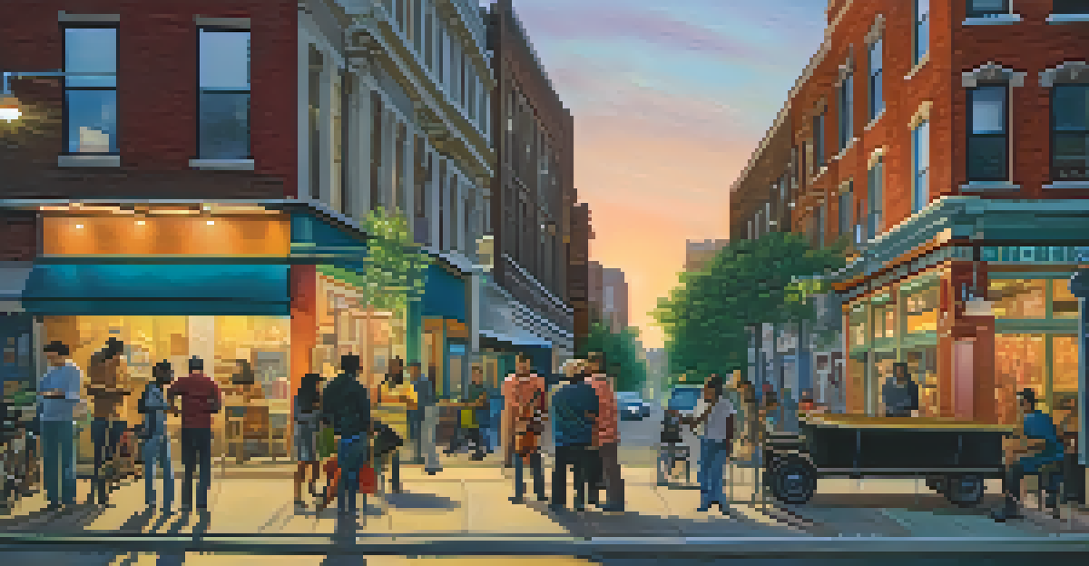 A lively urban street scene at dusk with people conversing and a street musician playing guitar, surrounded by colorful murals.