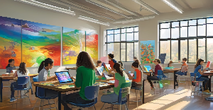 A lively classroom with students of different backgrounds working on art projects, featuring colorful artwork and bright natural light.