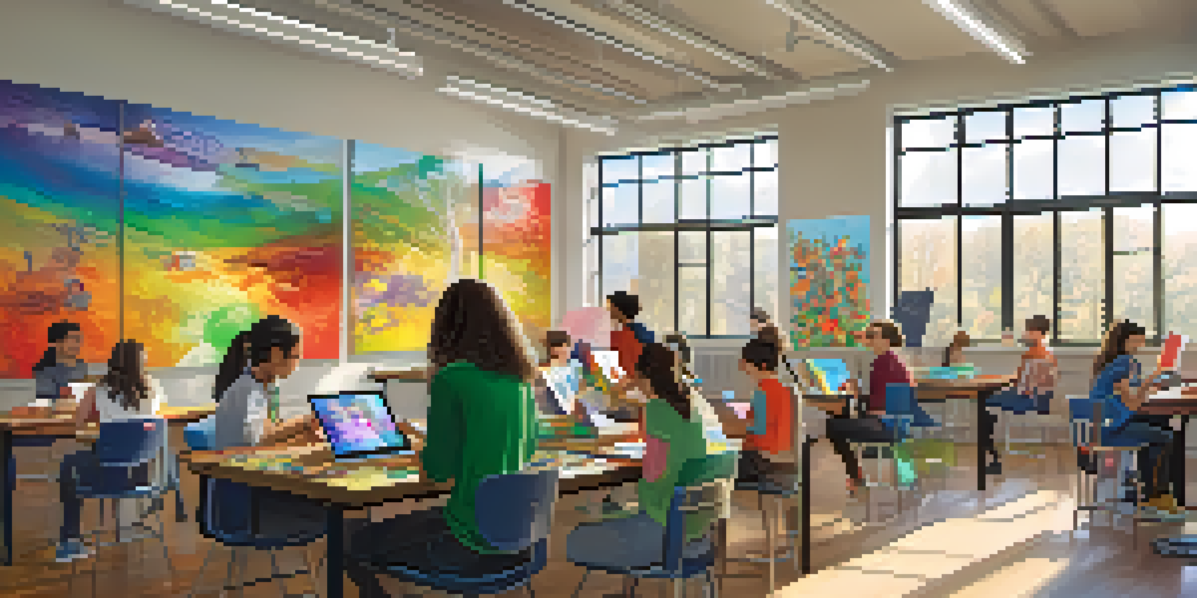 A lively classroom with students of different backgrounds working on art projects, featuring colorful artwork and bright natural light.